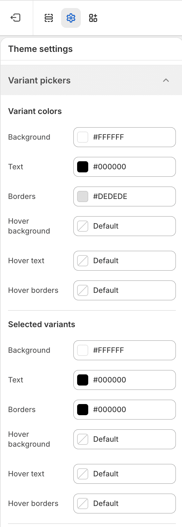Fit Check theme editor showing Variant pickers Theme settings with Variant colors and Selected variants color controls.