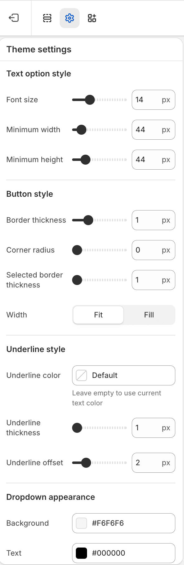 Fit Check theme editor showing Variant pickers Theme settings with text option, button, underline, and dropdown appearance controls.