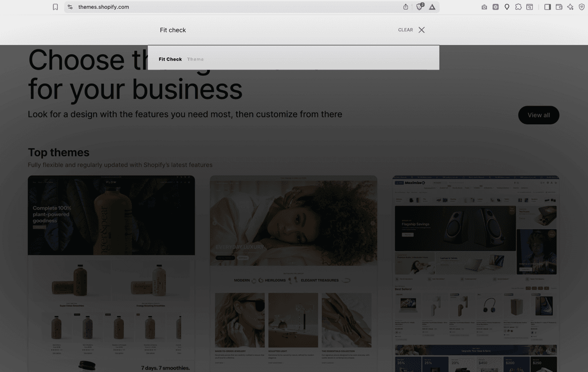 Shopify Theme Store search results showing Fit Check.