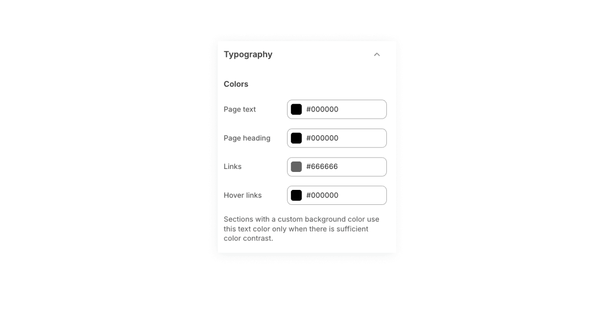 Fit Check theme editor showing Typography color settings for page text, page heading, links, and hover links.