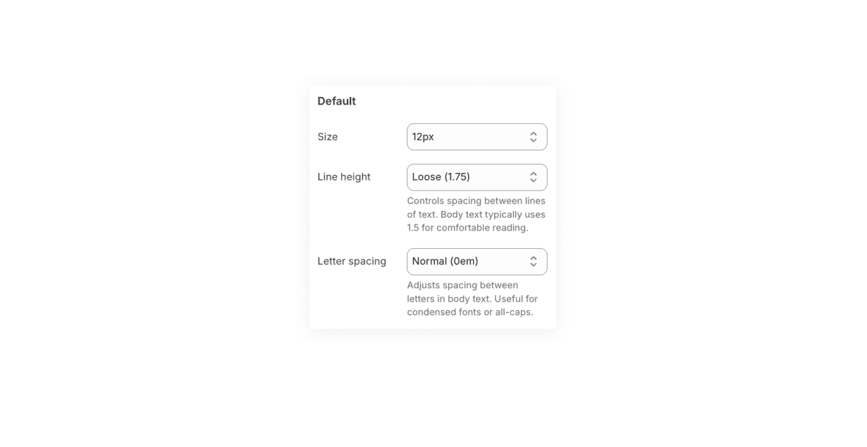 Fit Check theme editor showing Default typography controls for size, line height, and letter spacing.