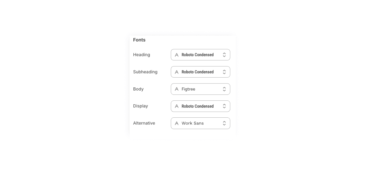 Fit Check theme editor showing Typography font slots for Heading, Subheading, Body, Display, and Alternative.