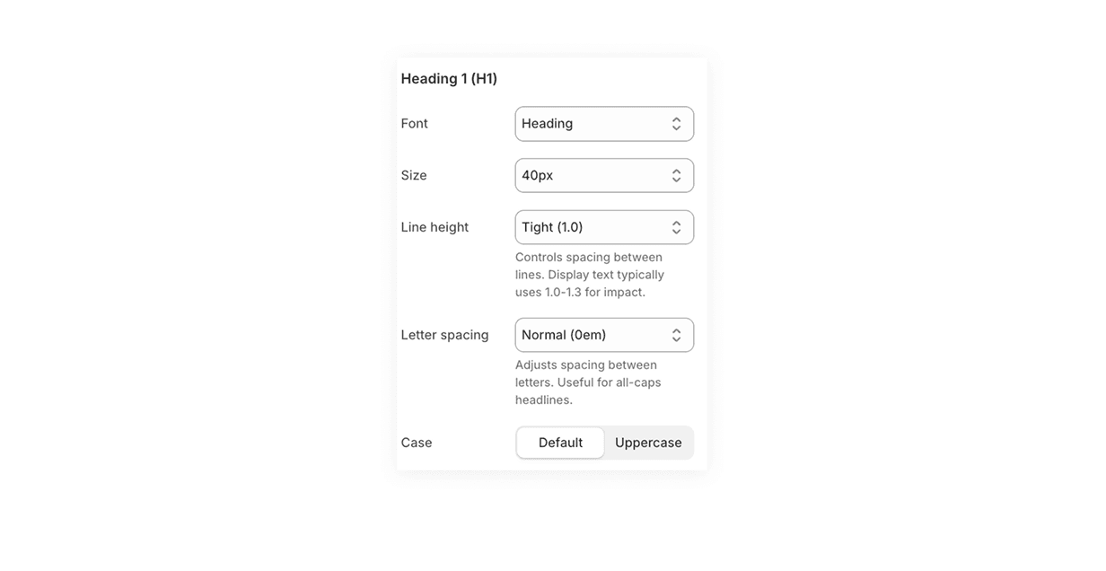 Fit Check theme editor showing Heading 1 typography controls for font, size, line height, letter spacing, and case.
