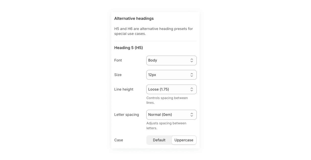 Fit Check theme editor showing Heading 5 typography controls with uppercase case selected.