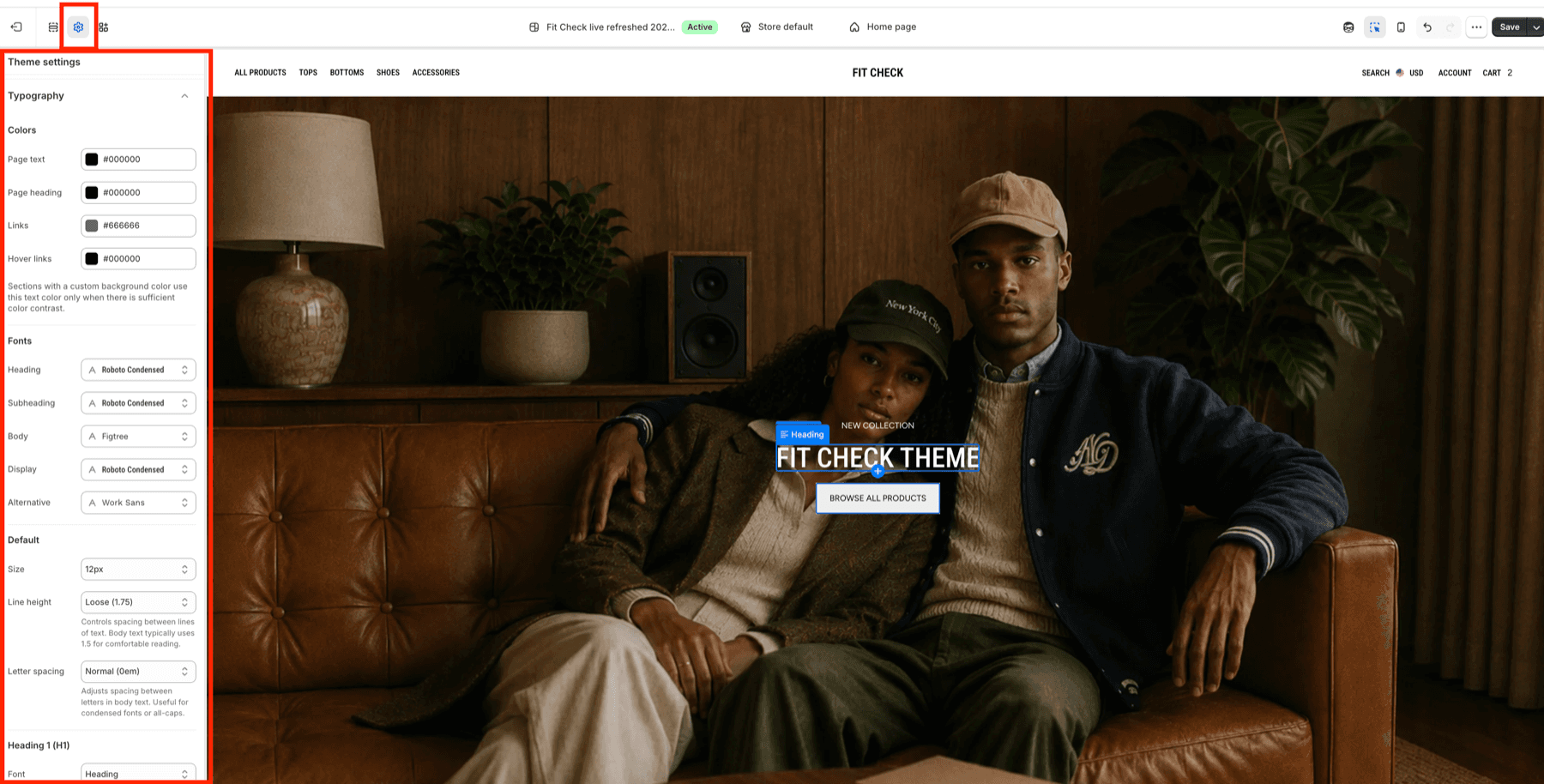 Fit Check theme editor showing the Theme settings gear selected with the Typography panel open beside the storefront preview.